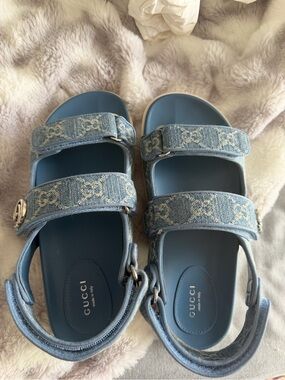 Gucci Light Blue Denim Logo Double-Strap Sandals